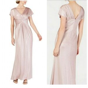 NWT Adrianna Papell Metallic Twist Front Cap Sleeve Gown Rose Gold Petal Size 4